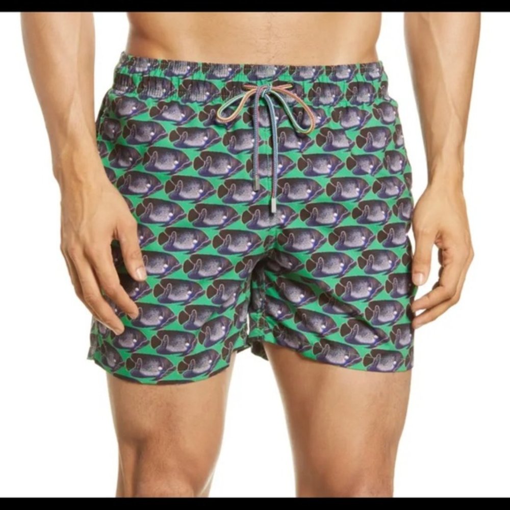 Bugatchi Mens XL Green Angelfish Print Swim Trunks Rainbow Drawstring New